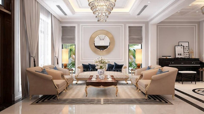 Bộ bàn ghế sofa chân gỗ mạ vàng đẹp, sang trọng cho không gian phòng khách biệt thự, nhà phố. Sofa tân cổ điển cao cấp