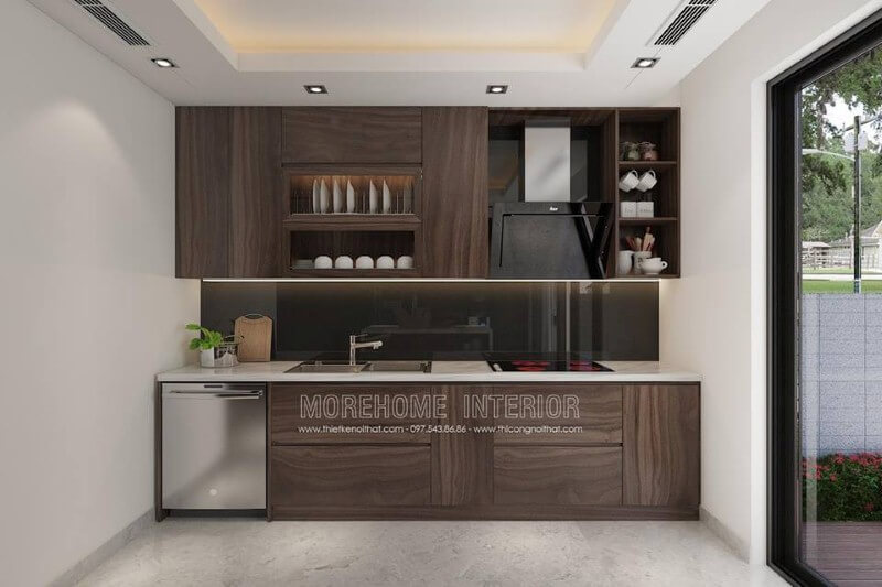 Tủ bếp có máy rửa bát được bố trí khá hợp lý để tạo nên không gian bếp đẹp, hiện đại, khoa học. Thiết kế tủ bếp nhà phố sang trọng