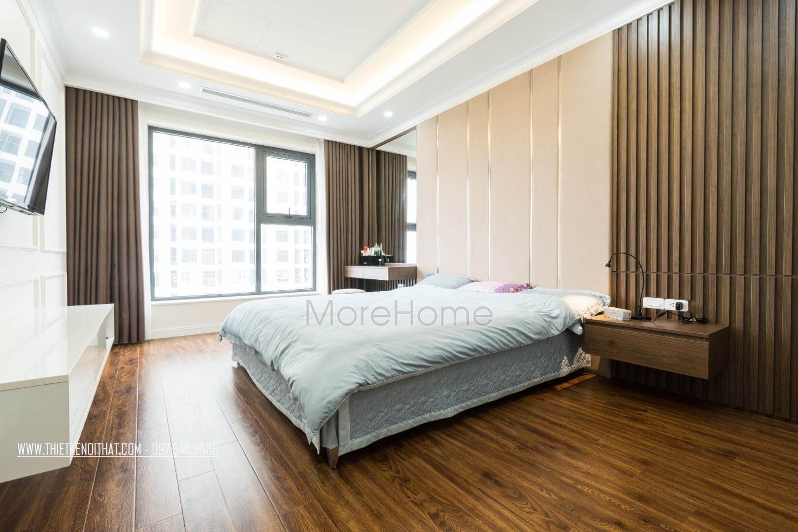 Sàn gỗ hiện đại được thi công bởi đội thợ chuyên nghiệp của Morehome Thi công nội thất chung cư hiện đại
