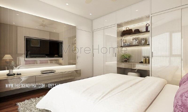 Kệ trang trí gỗ công nghiệp nhưng đẹp, sang trọng lựa chọn ấn tượng cho phòng ngủ vợ chồng hiện đại. Thiết kế nội thất biệt thự