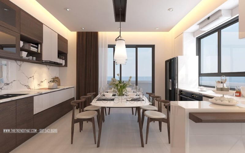Thiết kế phòng ăn lồng trong phòng bếp vừa tạo không gian hiện đại gọn gàng vừa tiện nghi, sang trọng cho biệt thự, nhà phố. Thiết kế nội thất biệt thự