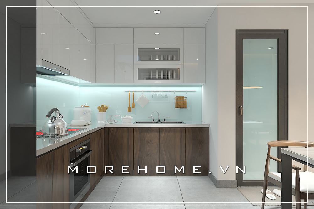 Mẫu tủ bếp chữ L màu trắng hiện đại cho phòng bếp đẹp Thiết kế và sản xuất tủ bếp đẹp