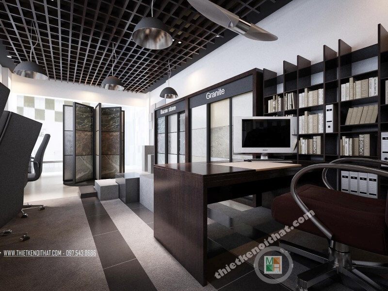 Mẫu thiết kế văn phòng showroom đá tự nhiên hiện đại kết hợp đồ nội thất gỗ công nghiệp mang đến một không gian làm việc chuyên nghiệp