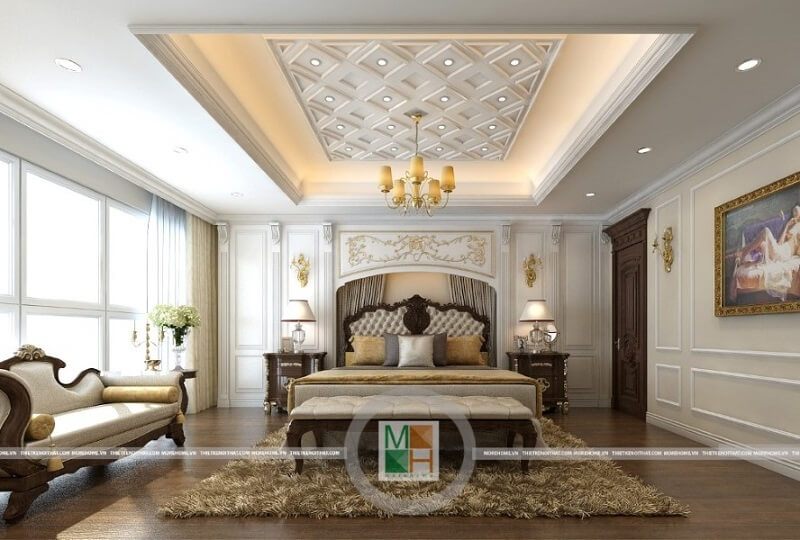 Mẫu thiết kế nội thất phòng ngủ đẹp kết hợp đồ nội thất gỗ tự nhiên màu trầm mang đến cảm giác như một căn phòng ngủ hoàng gia đầy đẳng cấp