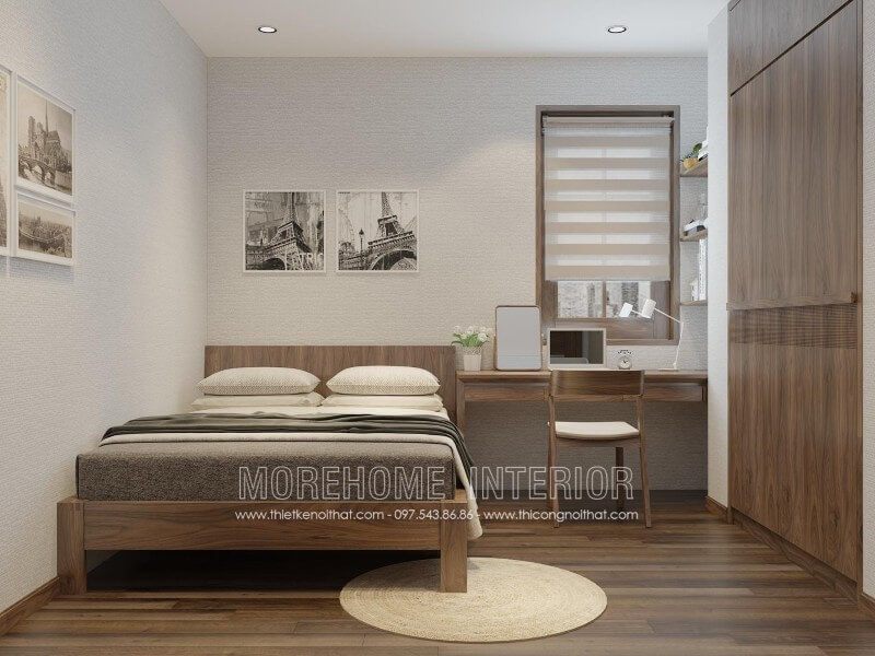 Mẫu giường ngủ gỗ óc chó sang trọng, cùng phần chân thấp giúp tạo nên không gian hiện đại, nhẹ nhàng và thoáng đãng hơn trong căn hộ.